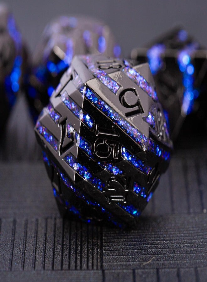 Maywin Metallic Glitter Stripes D&D Dice Set,7 PCS Polyhedral Dice with Gift,RPG Metal Dice Set Dungeons and Dragons Tabletop Game (Black Nickel Sapphire Blue) for 15 Years and Up - Image 1